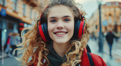 Happy woman dancing and listening to music with headphones in the city, beautiful curly hair girl wearing red sweatshirt, street style