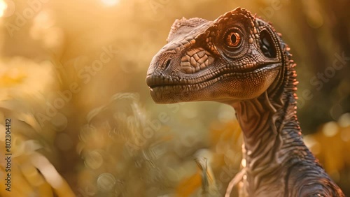 Detailed model of a raptor dinosaur in a sunlit forest, with intricate scales and piercing eyes amidst golden foliage photo