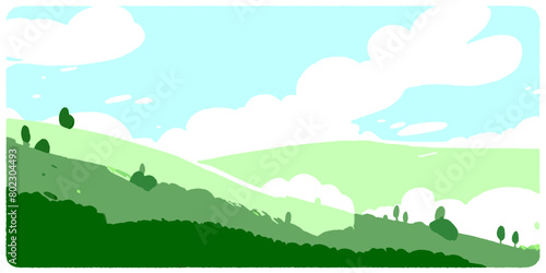 realistic and detailed soft green hills crayon style cute  vector illustration flat 2