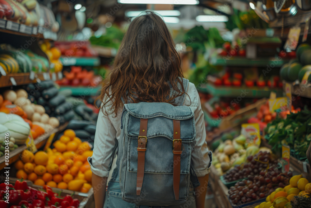 Back View of a Woman Shopping for Fresh Vegetables in the Market