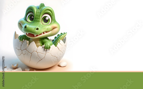 Smiling baby crocodile hatching from egg - 3D cartoon character  Sweet baby crocodile with wide smile  Joyful baby crocodile emerging from egg