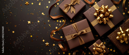 Happy Holidays mock up with chocolate gift box on brown. Celebration greeting background with sweets  presents  confetti  decorations. Flat lay. Top view. Generative Ai