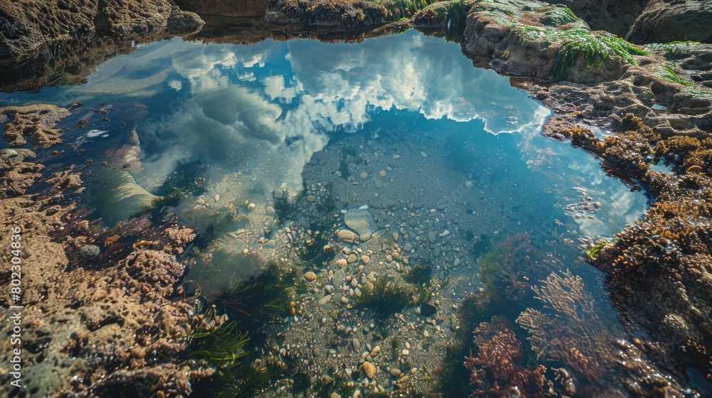 A picturesque natural landscape featuring a body of water surrounded by rocks and mountains, with a clear blue sky and fluffy clouds reflecting in the calm water AIG50