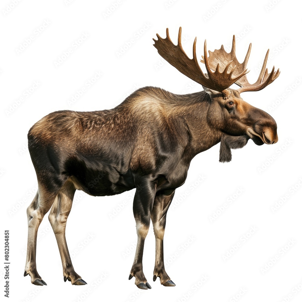 Moose standing side view isolated on white background, photo realistic. Moose standing side view isolated on white background, photo realistic.