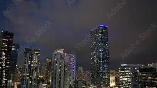 Wallpaper Mural Establishing aerial view of Miami Brickell downtown skyline at night. Aerial drone view of Miami modern skyscraper, hotels and residential buildings at night. Miami Florida in 4K Torontodigital.ca