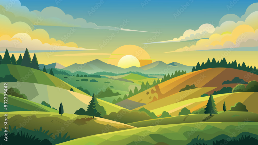 Pastoral sunrise landscape with rolling hills and trees, vector cartoon illustration.