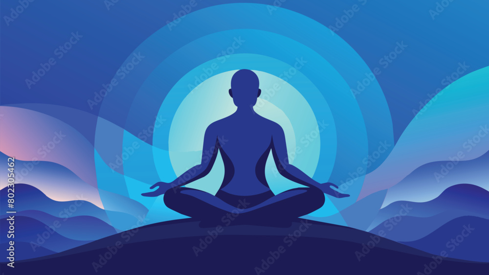 Silhouette meditating in a serene blue landscape, vector cartoon illustration.