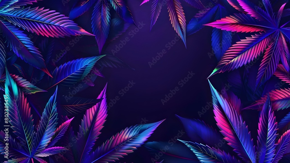 Naklejka premium Create a Dark Background Design with Glossy Metallic Neon Elements and Repeated Marijuana Leaf Patterns. Concept Dark Background Design, Glossy Metallic Elements, Neon Accents