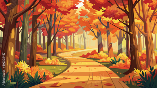 Autumnal forest path with colorful falling leaves, vector cartoon illustration.