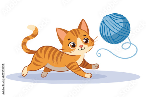 Playful orange kitten with a ball of yarn, vector cartoon illustration.