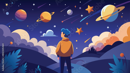 Man gazing at a starry night sky with planets, vector cartoon illustration.