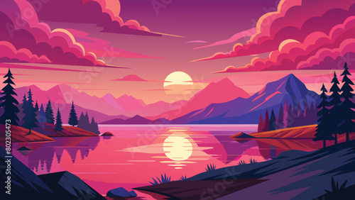 Majestic purple sunset over mountain lake vector cartoon illustration. Serene twilight with vibrant colors and reflection on water.