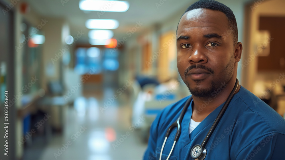 Obraz premium Black Male Nurse Inside A Hospital