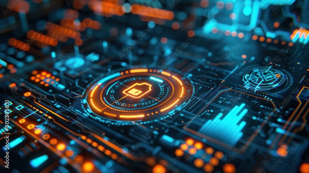 Close-up of a secure login interface on a futuristic holographic computer screen. Close-up of a secure login interface on a futuristic holographic computer screen.