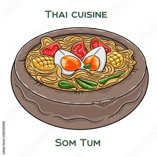 Traditional Thai food. Som Tum on white background. Isolated vector illustration.