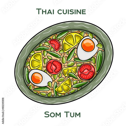 Traditional Thai food. Som Tum on white background. Isolated vector illustration.