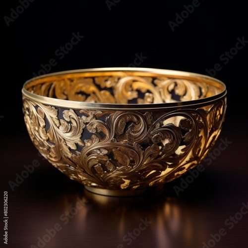 golden bowl on a dark background, close-up, top view