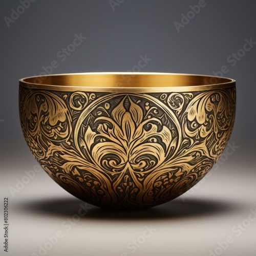 Golden bowl on a gray background. 3d rendering, 3d illustration.