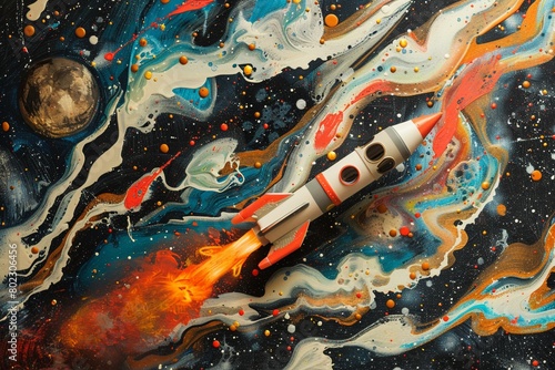 Space exploration with rocket  water color painting