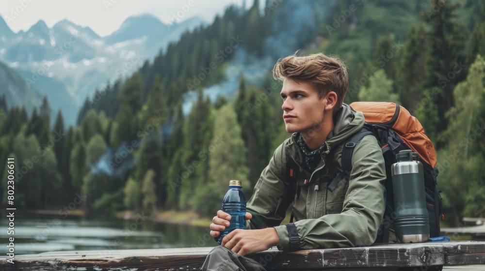 Young Hiker Resting by Mountain Lake