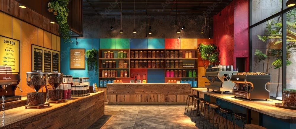 Colorful Lighting in a Vibrant D Coffee Roastery Showcasing the Artisanal Production Process