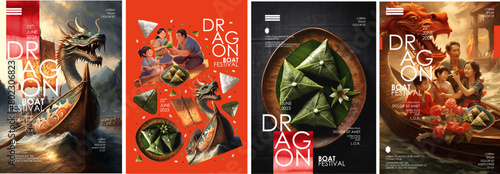 Vibrant Dragon Boat Festival posters showcasing traditional dragon boats, cultural activities, and family celebrations. Illustration for card, poster, banner, flyer, brochure or background. © Ardea-studio