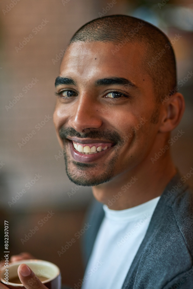 Portrait, coffee and man for smile, cafe and refreshment in customer, casual and break. Cheerful, businessman and enjoying or relaxed, happy and caffeine at indoor restaurant for morning and drink Portrait, coffee and man for smile, cafe and refreshment in customer, casual and break. Cheerful, businessman and enjoying or relaxed, happy and caffeine at indoor restaurant for morning and drink
