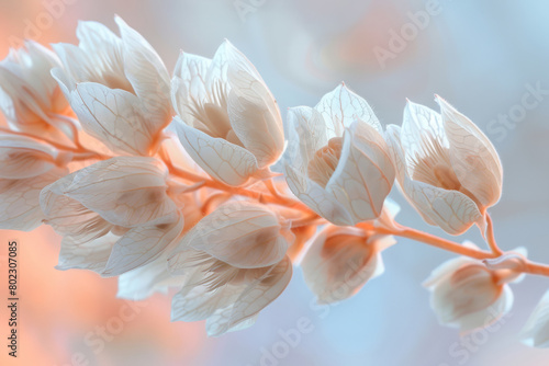 Dreamy Floral Branches with Soft White Leaves Against Warm Glow