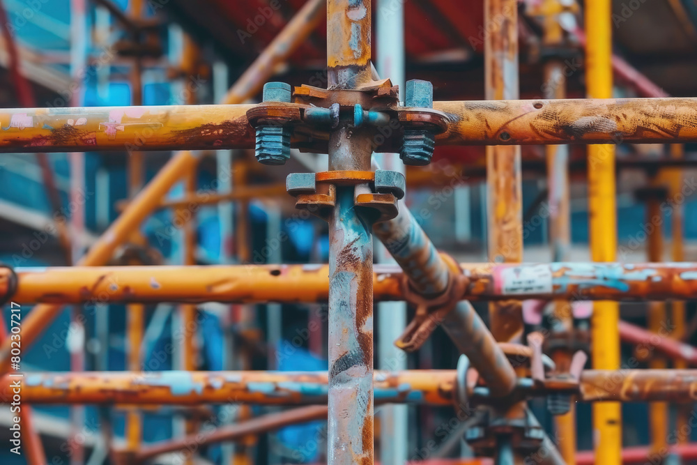 Explore the intricacies of industrial work with this dynamic scene of scaffolding, a crucial element in construction sites, embodying safety and support in high-rise projects.