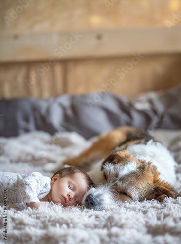 child and dog sleeping in the bed