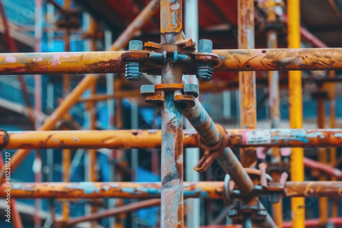 Explore the intricacies of industrial work with this dynamic scene of scaffolding, a crucial element in construction sites, embodying safety and support in high-rise projects.