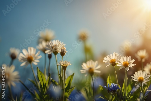 A fresh spring blue sunny sky background with blurred sunny glow