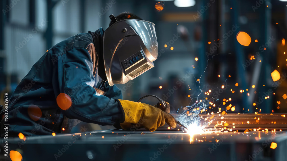 Capture the precision and intensity of a welder in protective gear, focusing on detailed metalwork in an industrial setting. Capture the precision and intensity of a welder in protective gear, focusing on detailed metalwork in an industrial setting.