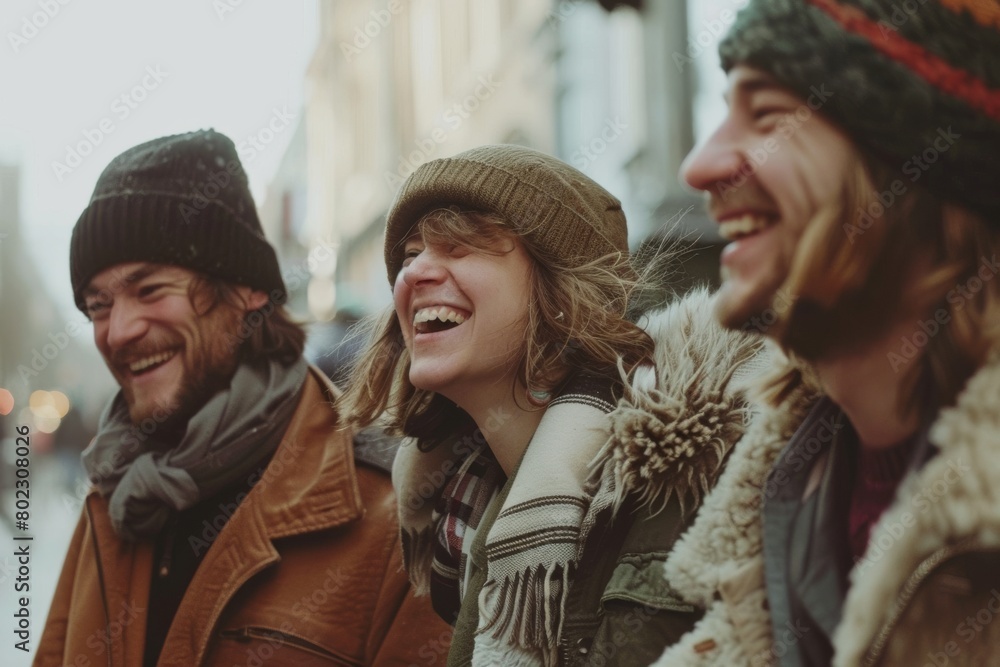 Group of friends walking on the street in the city in winter. Group of friends walking on the street in the city in winter.