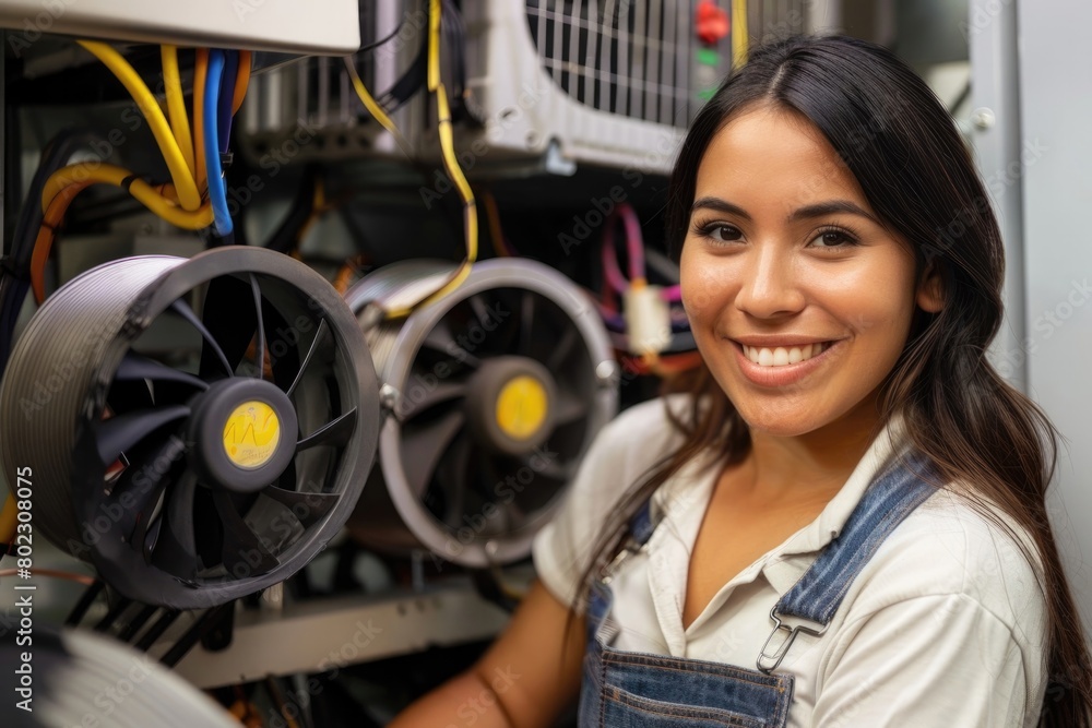 Beautiful latin woman electrician and ac repair. Copy Space. Free Space. Beautiful latin woman electrician and ac repair. Copy Space. Free Space.