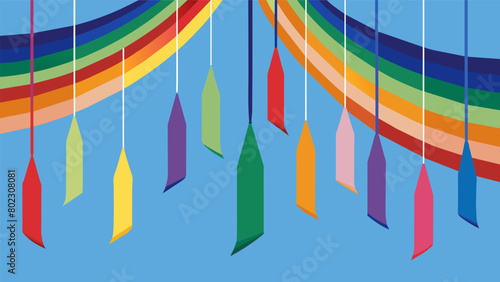 A rainbow of ribbons dangles from the ceiling symbolizing the diverse voices and experiences of the Juneteenth celebration.. Vector illustration