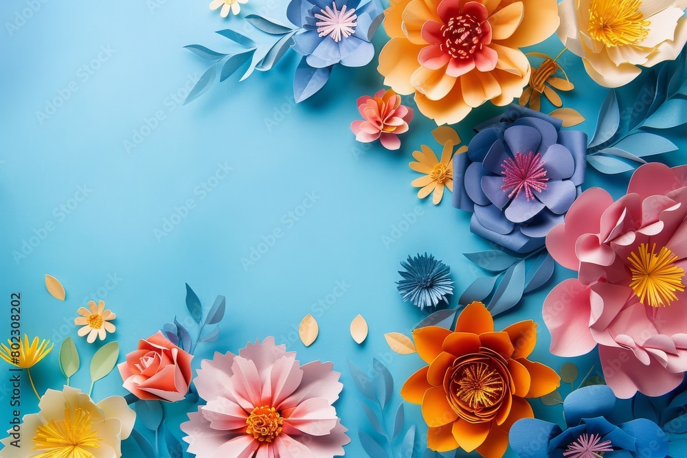  Colourful handmade paper flowers on a light blue background with copy space. mothers day, women's day, valentines day, mockup