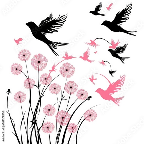 Clip art of pink and black flying birds on dandelion on white background