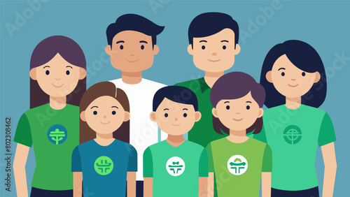 A family reunion photo with everyone wearing matching shirts adorned with their familys name or symbol.. Vector illustration