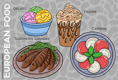 Popular Western & Central European Food Set. Hand-drawn & Vector.