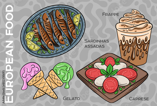 Popular Western & Central European Food Set. Hand-drawn & Vector.