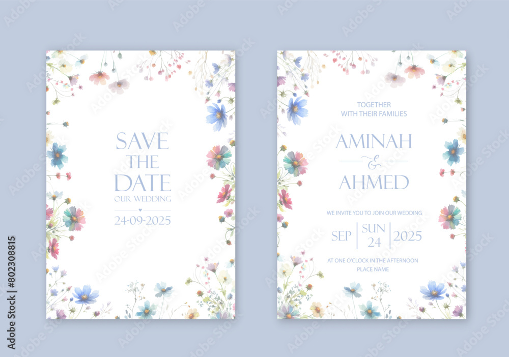 Elegant wedding invites with watercolor flowers on white background. Elegant wedding invites with watercolor flowers on white background.