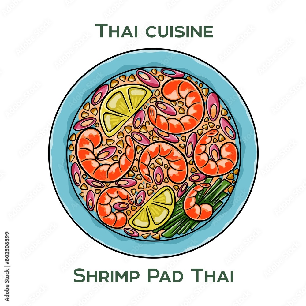 Traditional Thai food. Shrimp Pad Thai on white background. Isolated vector illustration.