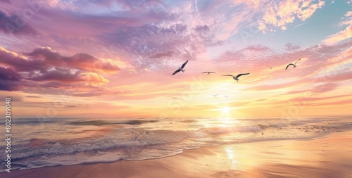 Colorful sky with seagulls flying over the beach at sunset.