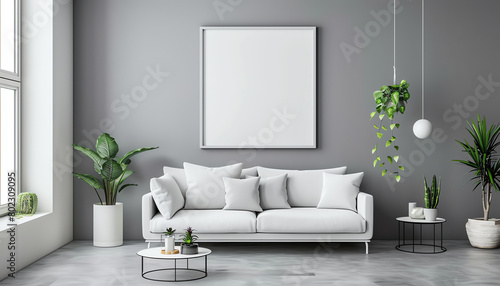 Contemporary white living room with blank square picture frame on a gray wall  Scandinavian style  minimalist interior design mockup