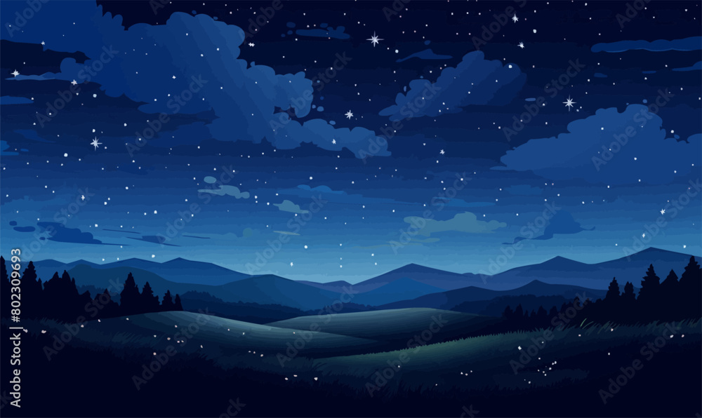 A starry night sky over a meadow vector simple 3d isolated illustration