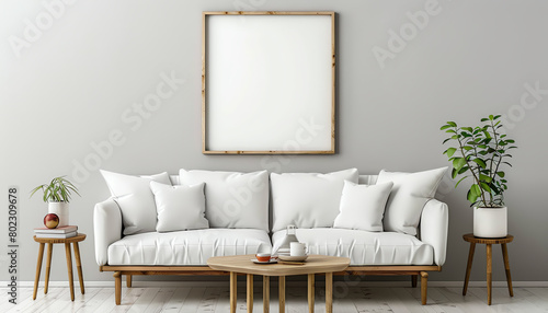 Scandinavian style white living room with a blank square picture frame mockup on a gray wall  simplicity and elegance in home design
