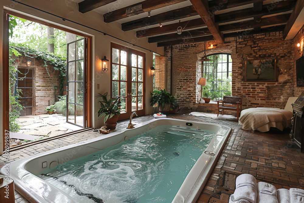 A compact indoor pool nestled within the confines of a charming cottage, offering a tranquil retreat for relaxation and rejuvenation.