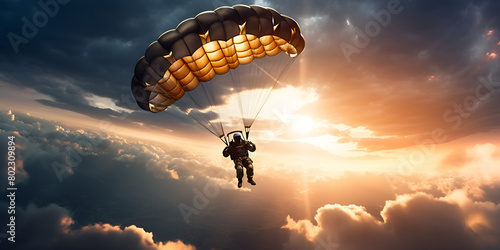 a man paragliding in the sky AirSports SkyExploration on a cloudy sky background photo