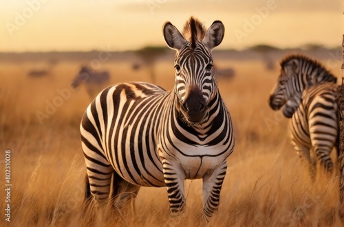 African zebras at sunset in the Serengeti National Park